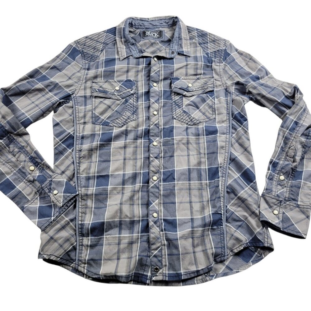 Buckle Black Pearl Snap Shirt Mens Medium Gray Blue Plaid Long Sleeve Standard
